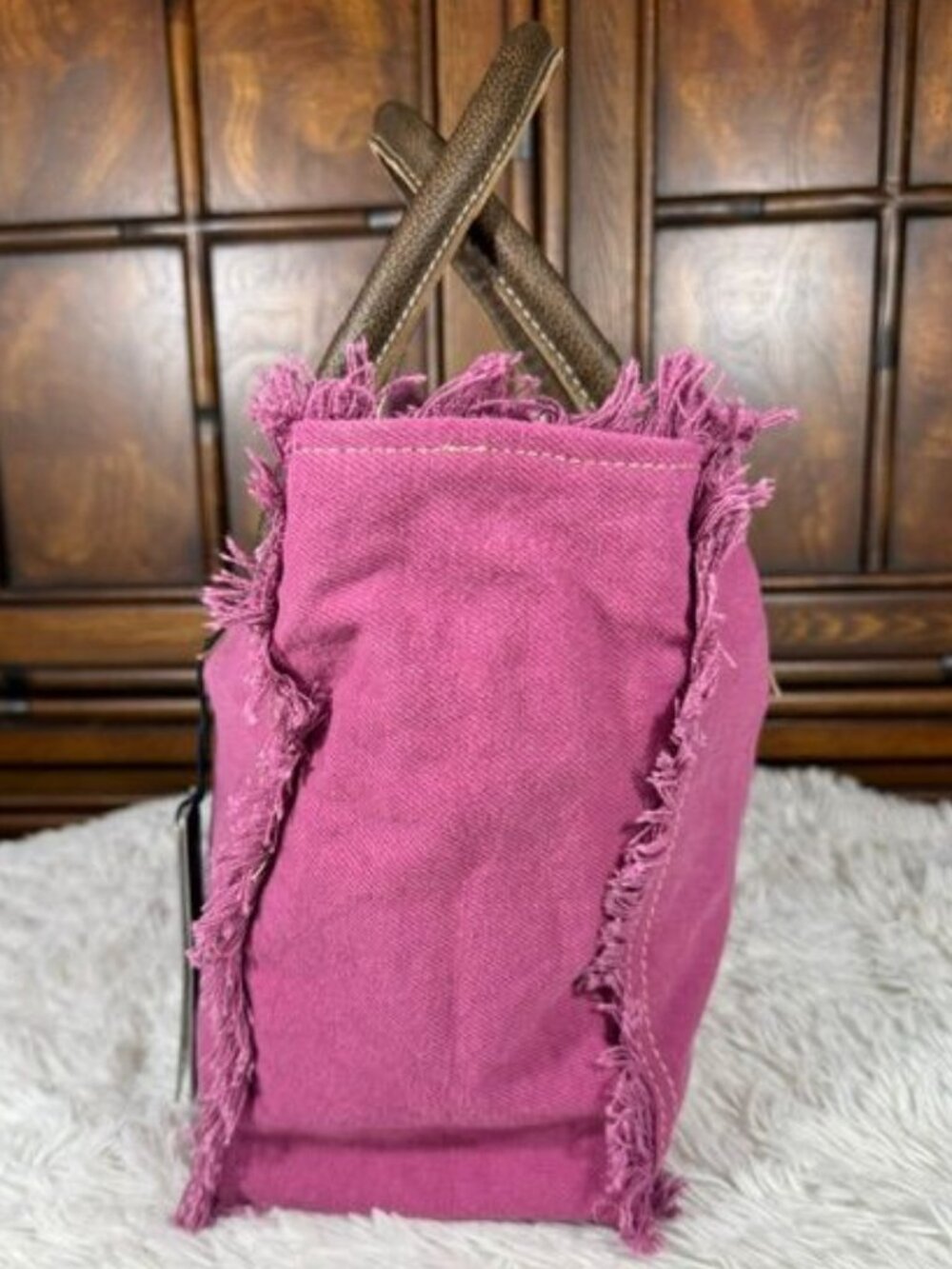 Myra SEL De MER Paris 100% Cotton Canvas Genuine Leather Handle Fringe Trim Bag - Picture 5 of 11